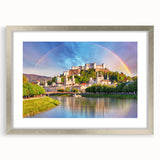 Extra large abstract art print depicting a textured European scenery in muted earth tones, framed in silver.