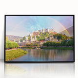 Large abstract wall art depicting a European scenery in muted earth tones on a framed acrylic.