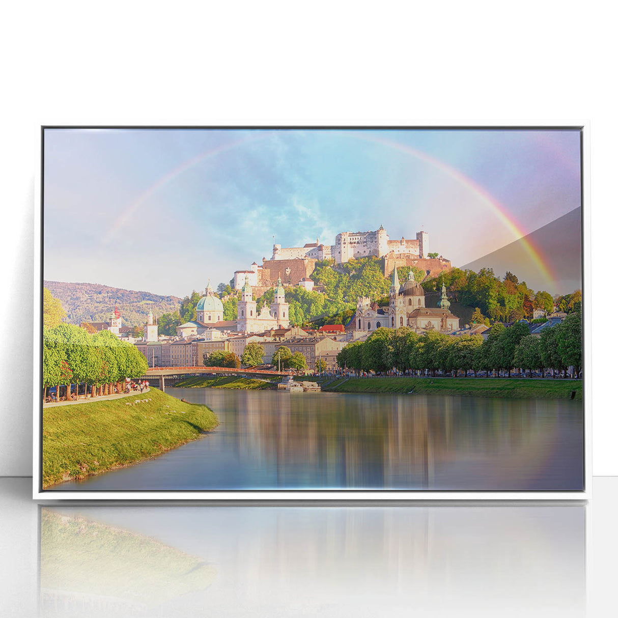 Mid-century modernist art depicting a serene Austrian landscape in muted earth tones, framed acrylic.