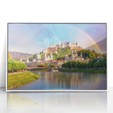 Mid-century modernist art depicting a serene Austrian landscape in muted earth tones, framed acrylic.