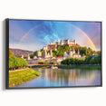 Black and white landscape art of a European scene on framed canvas, ideal for bedroom decor.