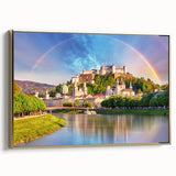 Framed canvas of a vintage-style Austrian landscape in muted gold and black tones, suitable for bedroom decor.