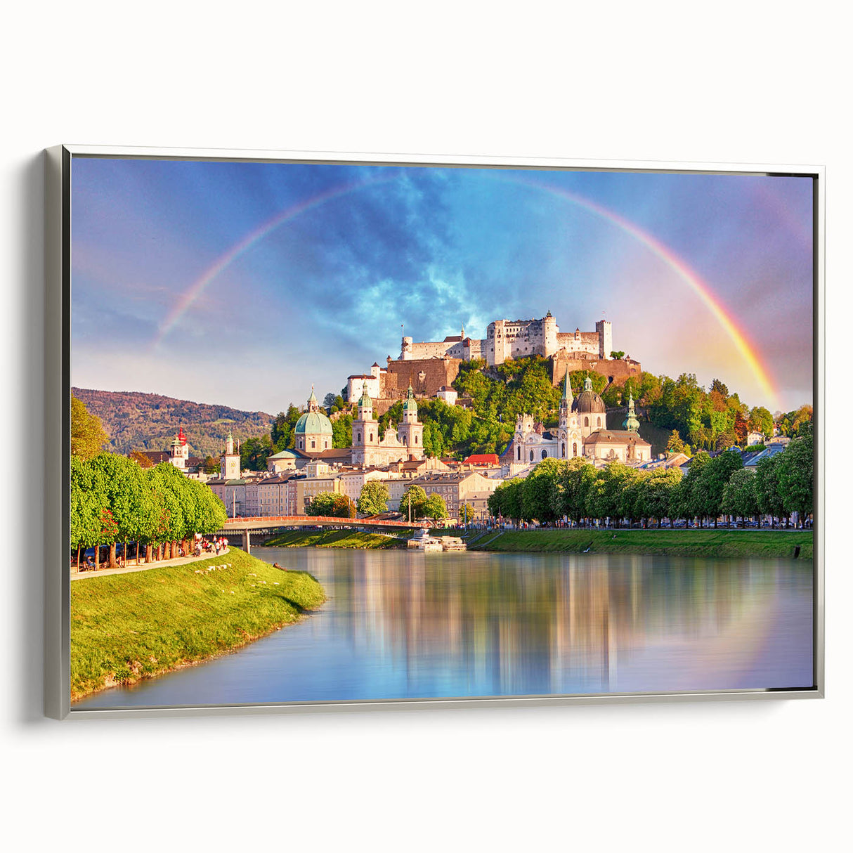Framed canvas depicting a vintage-style European landscape in colorful hues, ideal for living room decor.