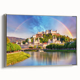 Framed canvas depicting a vintage-style European landscape in colorful hues, ideal for living room decor.