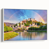 Vintage poster art of a European Austrian landscape in vibrant colors on a large framed canvas.