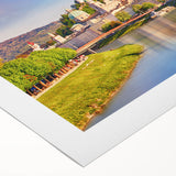 Art deco poster of a European Austrian landscape in muted earth tones on rolled canvas, suitable for dining room wall art.