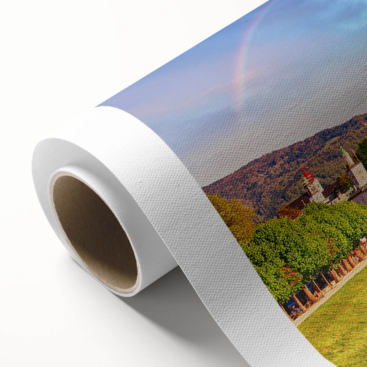 Art deco poster of a serene Austrian landscape in cool blue tones on rolled canvas, suitable for nursery wall art.