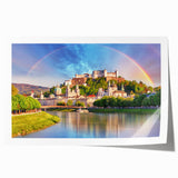 Scenic Austrian landscape with floral elements in muted greens and blues on a rolled canvas, ideal for art wall dining room.