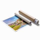 Extra large rolled print of a serene Austrian landscape with vibrant green and soft blue tones.