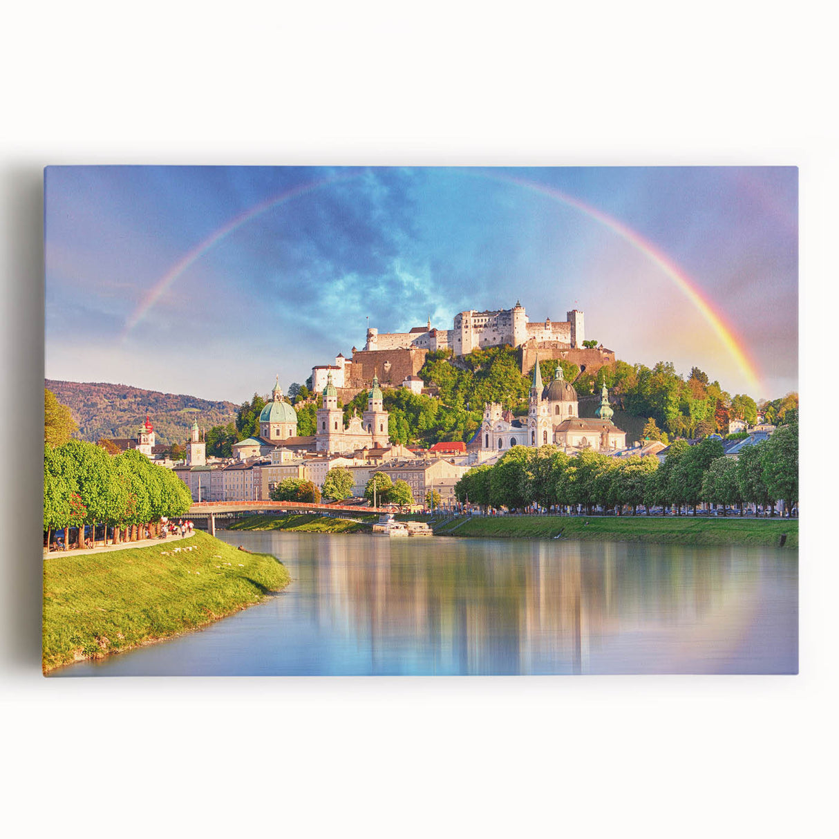 Black and white stretched canvas depicting a serene Austrian landscape, ideal for kitchen wall art or bedroom ambiance.