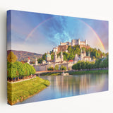 Scenic landscape of an Austrian village on stretched canvas, featuring muted greens and blues, ideal for kitchen wall art.