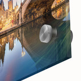 Large abstract wall art featuring a mid-century modernist European scenery in muted earth tones, printed on acrylic glass.