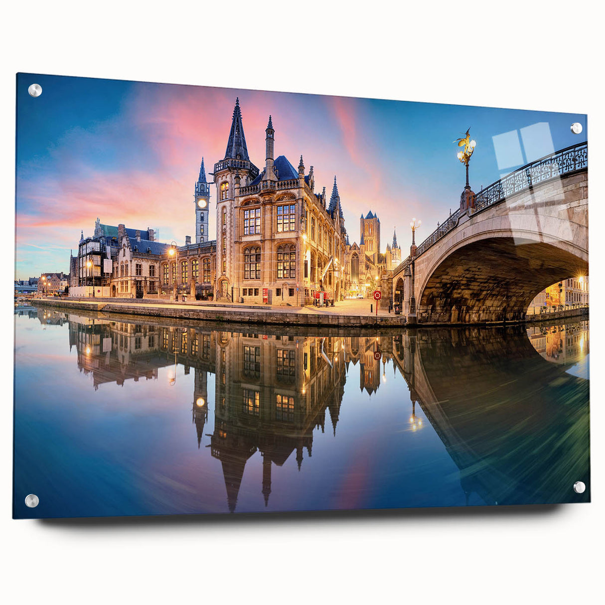 Acrylic print of a European cityscape in muted colors, ideal for dining room or bedroom decor.