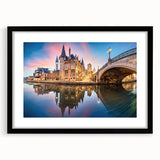 Extra large abstract art print of colorful, textured European scenery on a black framed canvas, ideal for living room decor.