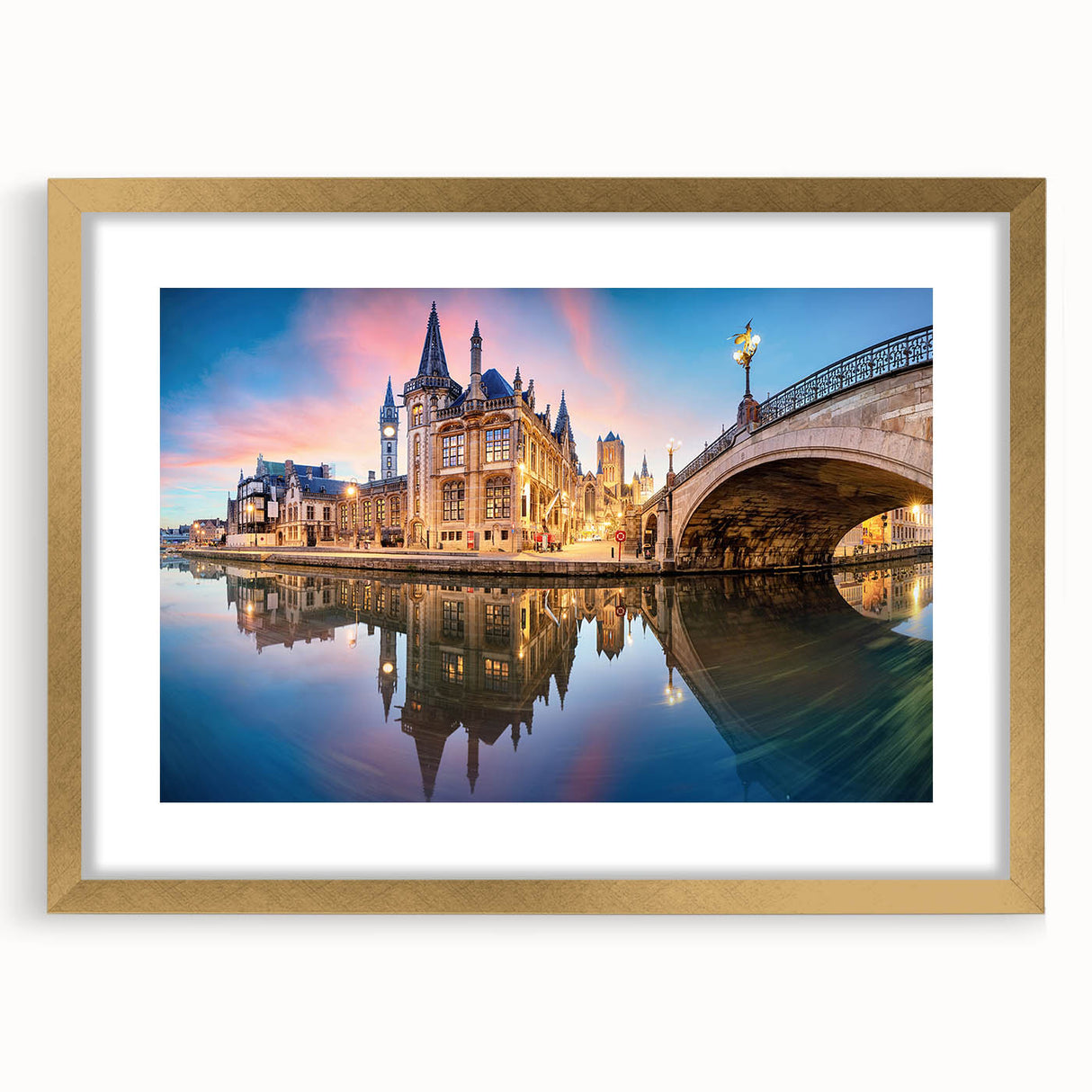 Abstract art print of a European scenery in muted earth tones on a framed canvas, ideal for dining room decor.