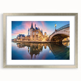 Extra large abstract art print of a European scenery in muted earth tones on a framed canvas, ideal for living room decor.