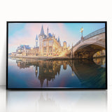 Large abstract wall art depicting a European scenery in muted earth tones on a framed acrylic.