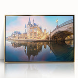 Art Deco style poster of a European scenery in Belgium, framed in acrylic with gold tones.