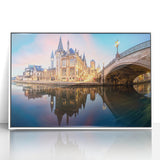 Mid-century modernist art depicting a serene Belgian landscape in muted greens and blues, acrylic print framed in white.