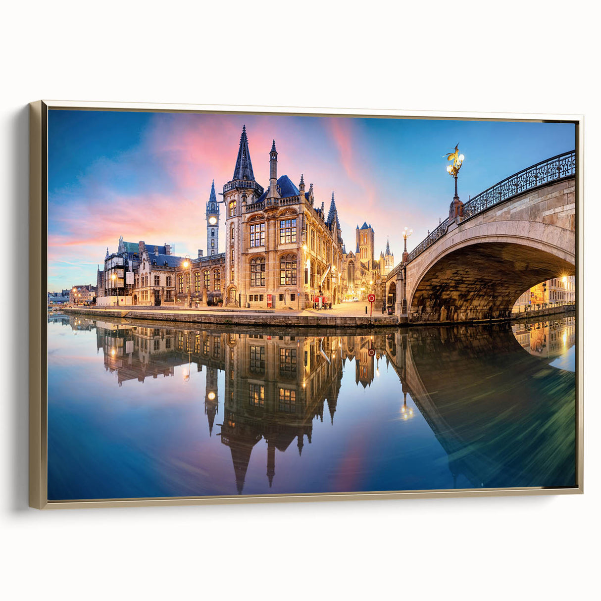 Vintage poster art of a European Belgian landscape on framed canvas, featuring vibrant, colorful art with black accents.