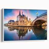 Landscape art painting of a European scenery in Belgium, featuring colorful art on a white framed canvas.