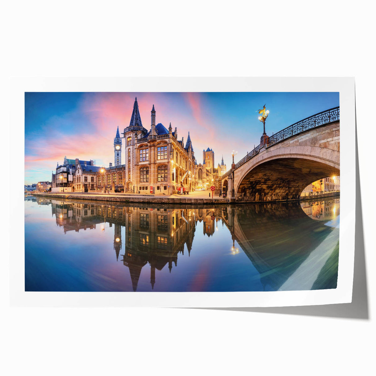 Rolled print of a European scenery with floral elements in soft pastel shades, ideal for dining room wall art.