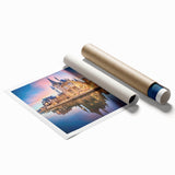 Extra large rolled print of a Belgian landscape with floral elements, in soft green and blue tones.