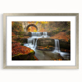 Extra large abstract art print depicting a textured European landscape in muted earth tones, framed in silver.