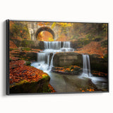Black and white wall art featuring a vintage poster-style landscape of a European scenery on framed canvas.