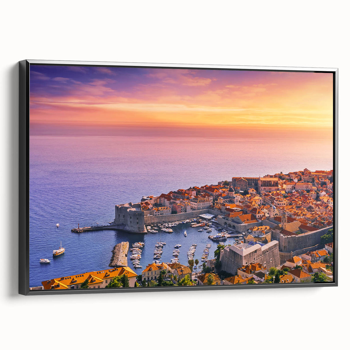 Black and white framed canvas of a vintage European landscape, ideal for bedroom wall art.