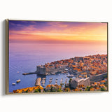 Framed canvas featuring a vintage-style landscape painting of a Croatian scenery in muted earth tones.