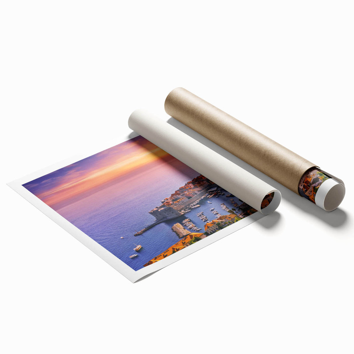 Extra large rolled print of a Croatian landscape with vibrant floral elements, ideal for classy bathroom wall art.