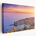 Large scenic print of a European coastline in blue and green hues on stretched canvas, suitable for kitchen wall art.