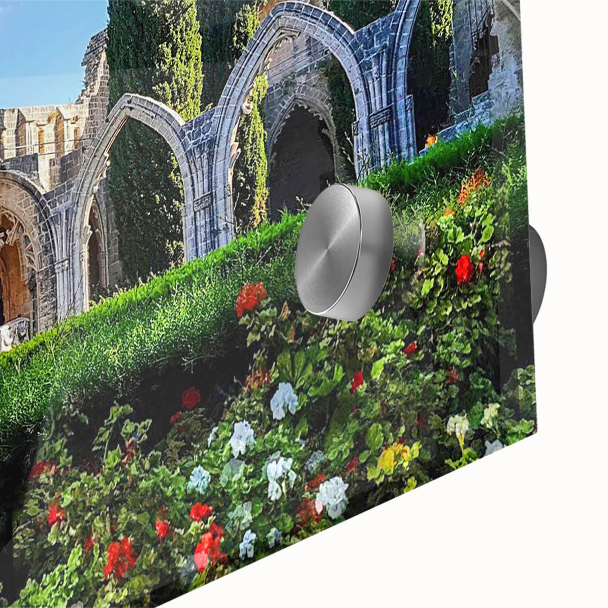 Large abstract wall art depicting a European Cyprus landscape in muted earth tones on acrylic glass.