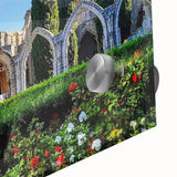 Large abstract wall art depicting a European Cyprus landscape in muted earth tones on acrylic glass.