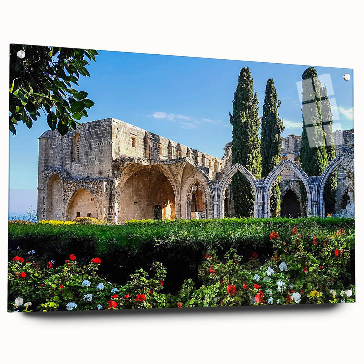Large abstract wall art depicting a European Cyprus scenery in muted earth tones on acrylic glass.