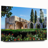 Large abstract wall art of a European Cyprus landscape in muted earth tones on acrylic glass.