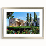 Extra large abstract art print of a European Cyprus landscape in muted earth tones, framed with a silver mat.