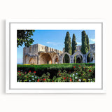 Textured abstract art print of a European Cyprus landscape in muted earth tones on a framed white mat.