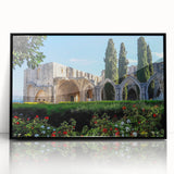 Large abstract wall art featuring a European Cyprus landscape in muted earth tones on a framed acrylic print.