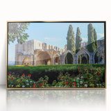 Acrylic print of a European Cyprus landscape in gold frame, in art deco style, suitable for modern art wall decor.