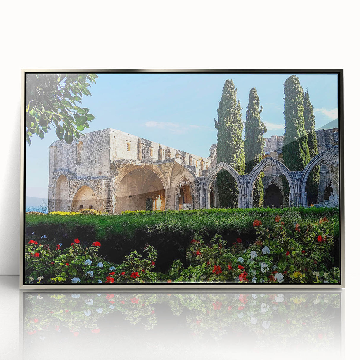 Large art print of a European Cyprus landscape in muted green and brown tones on framed acrylic.