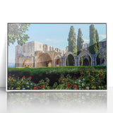 Mid-century modernist art depicting a European Cyprus landscape in muted earth tones on a framed acrylic print.