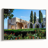 Landscape art painting of a European Cyprus scenery in muted earth tones on a framed canvas, ideal for living room decor.