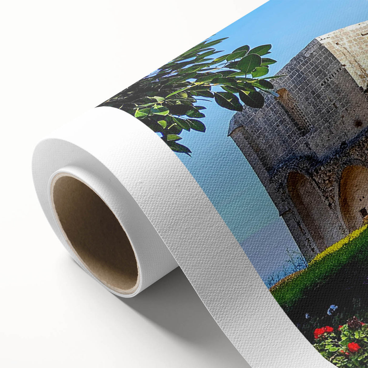 Art deco poster of a European Cyprus landscape in muted earth tones on rolled canvas.