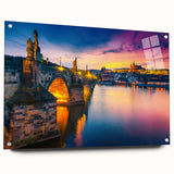 Acrylic print of Prague cityscape with earthy tones, ideal for dining room or bedroom decor.