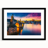 Colorful abstract art print of Prague skyline with vibrant hues on a large framed canvas, ideal for living room decor.