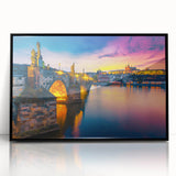 Large abstract wall art of Prague skyline in muted shades on framed acrylic, ideal for modern living room decor.