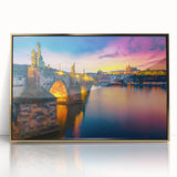 Art deco poster of Prague skyline in muted gold and blue tones on a framed acrylic, suitable for modern art wall decor.