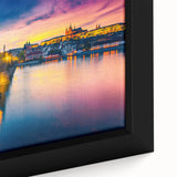 Extra large black wall art depicting a textured Prague scenery in vibrant colors on framed canvas.